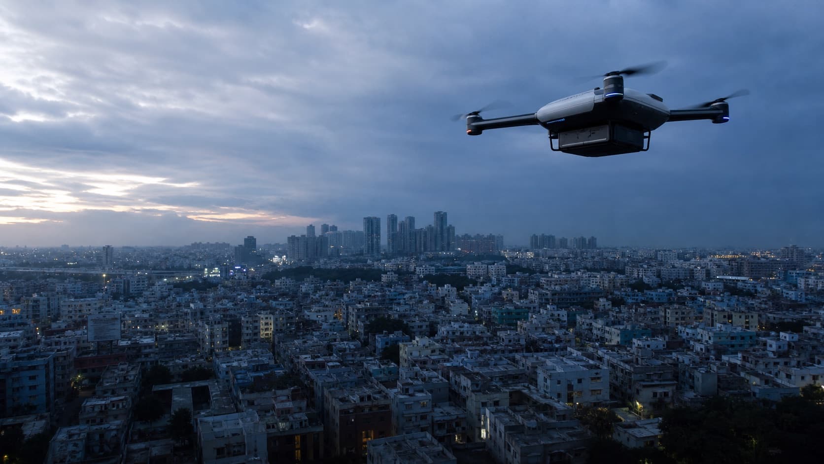 Concept visualisation of a proposed Avyra Air autonomous delivery aircraft above Hyderabad