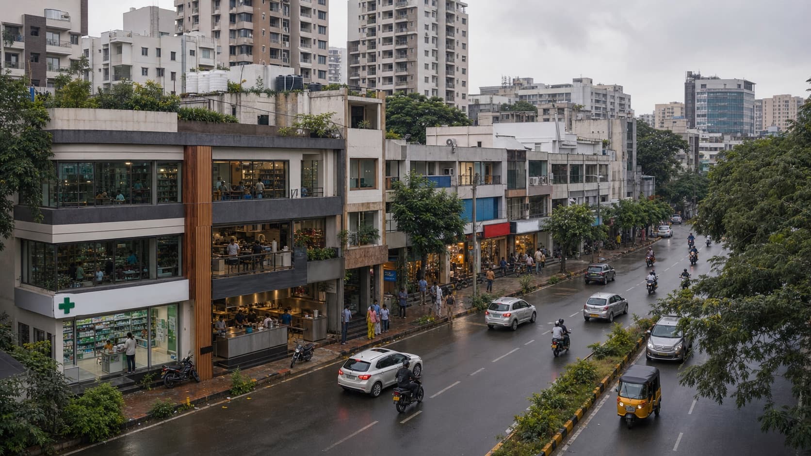 Dense mixed-use Hyderabad neighbourhood with restaurants, pharmacies and homes