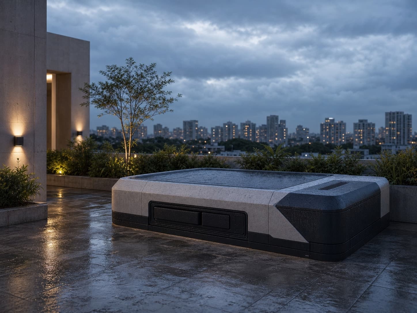 Proposed Avyra Air Smart Landing Pod installed on a rooftop after rain