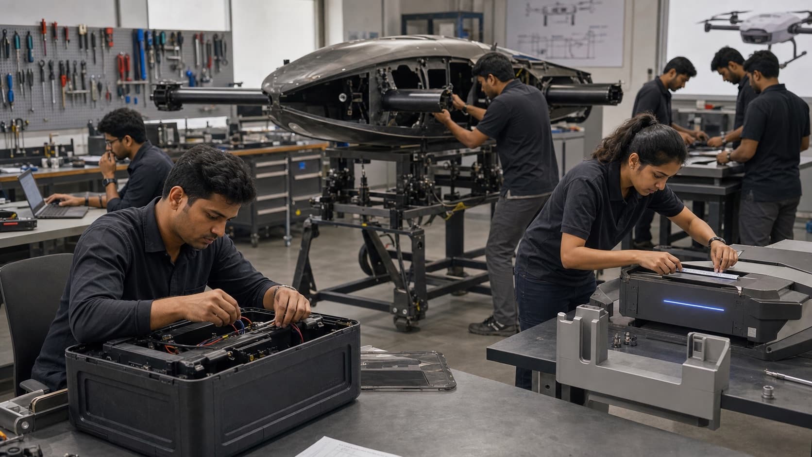 Avyra Air founding team developing aircraft and landing pod prototypes in a workshop